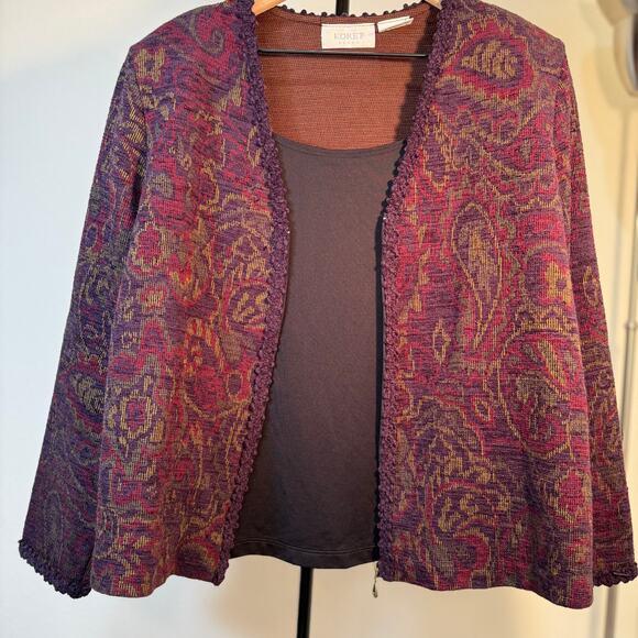 Koret Zip Front Tapestry Knit Jacket Purple Red Paisley Textured Vintage Chic - Picture 6 of 9